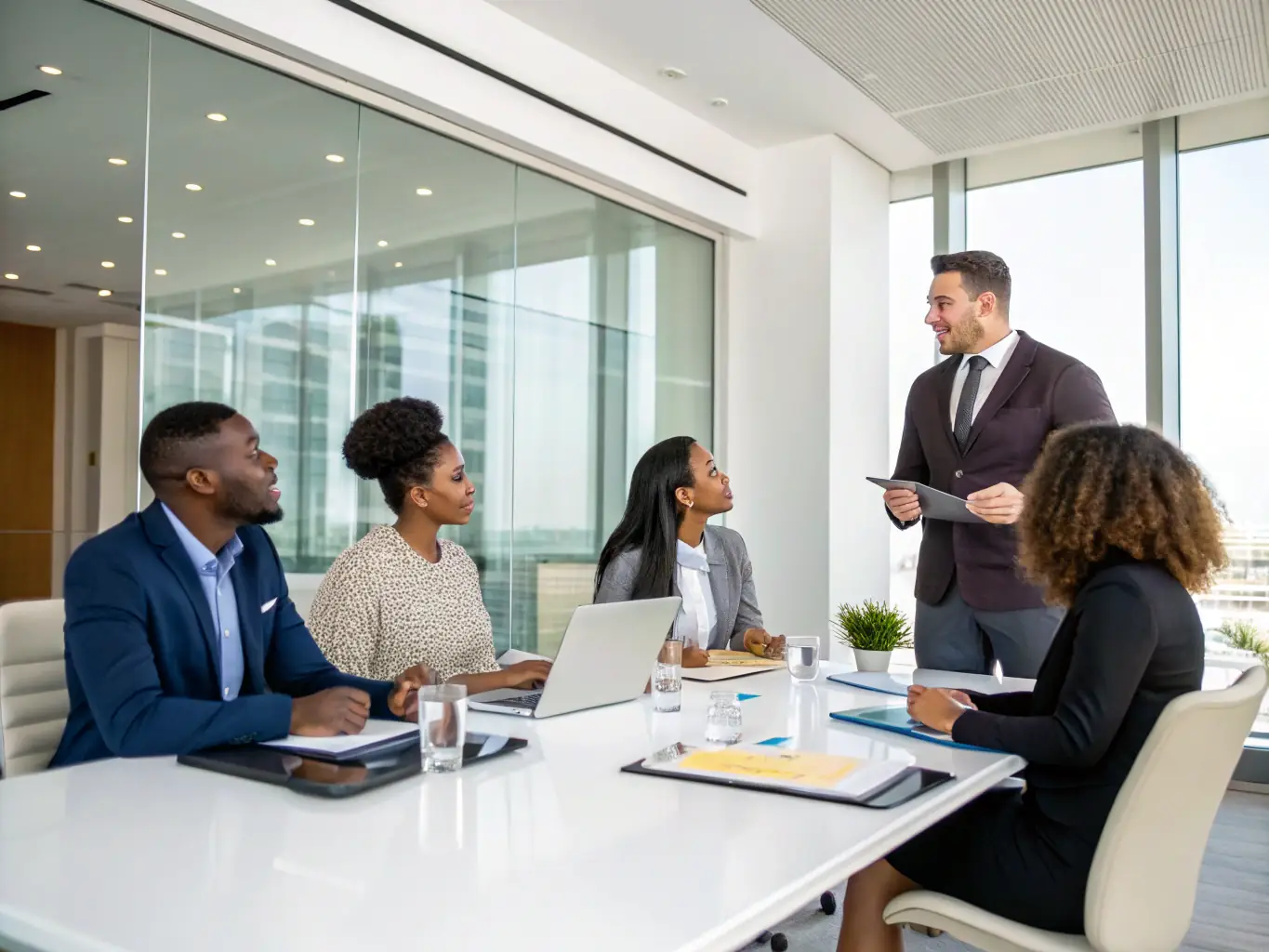 A photograph capturing a panel discussion at the Greater Cleveland Partnership’s Sustainability Summit, featuring speakers engaged in a lively debate about corporate sustainability strategies.